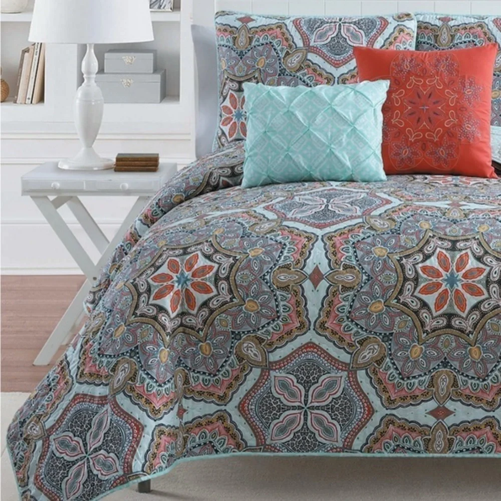 Full / Queen Quilt Set 3PC Set Paisley- Teal and Multicolor